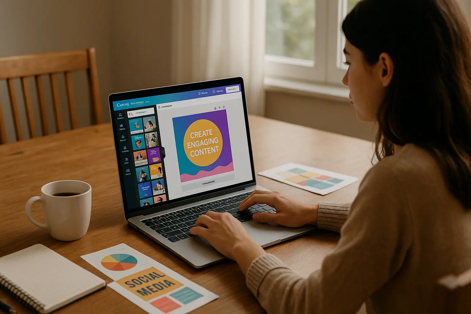 CanvaでSNS投稿用の画像を作成している女性の手元