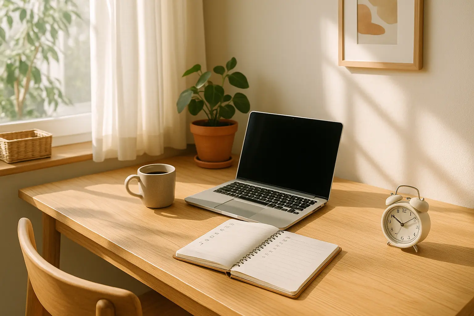 ノートとパソコン、時計が置かれた朝のデスク風景