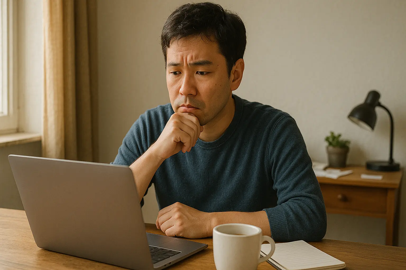 パソコン画面を見ながら考え込む男性