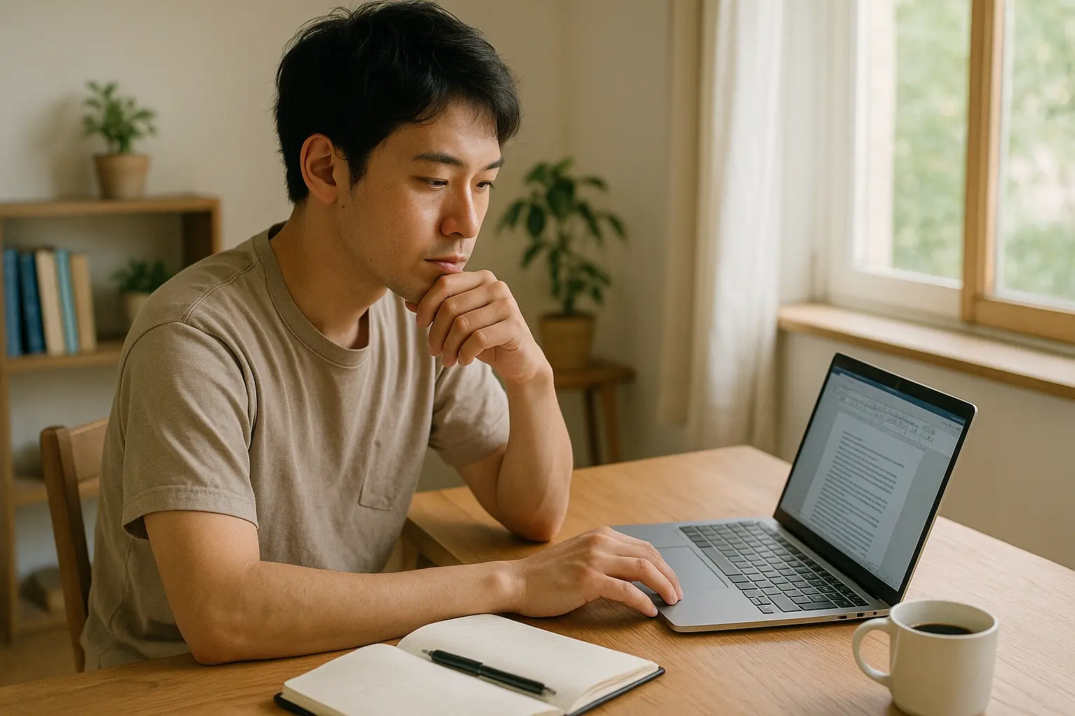 自宅でWebライティングの仕事に取り組む男性