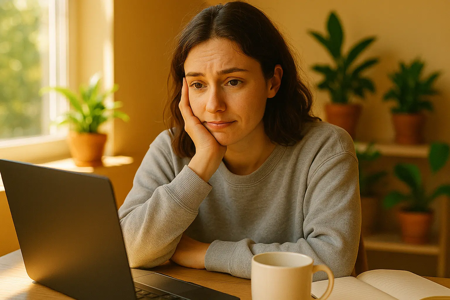 クラウドソーシング初心者の女性が、ノートパソコンを前に悩んでいる様子。日差しの差し込む部屋で静かに考え込んでいる、在宅ワーク中のリアルな場面。