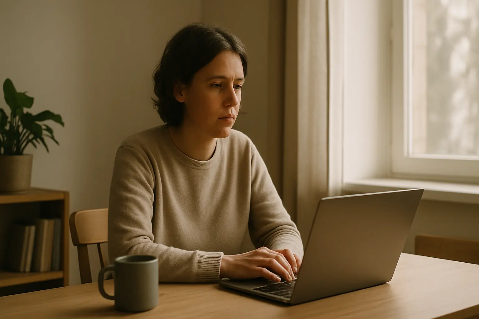 一人で在宅ワークをする30代の女性が静かな部屋でノートパソコンに向かっている様子