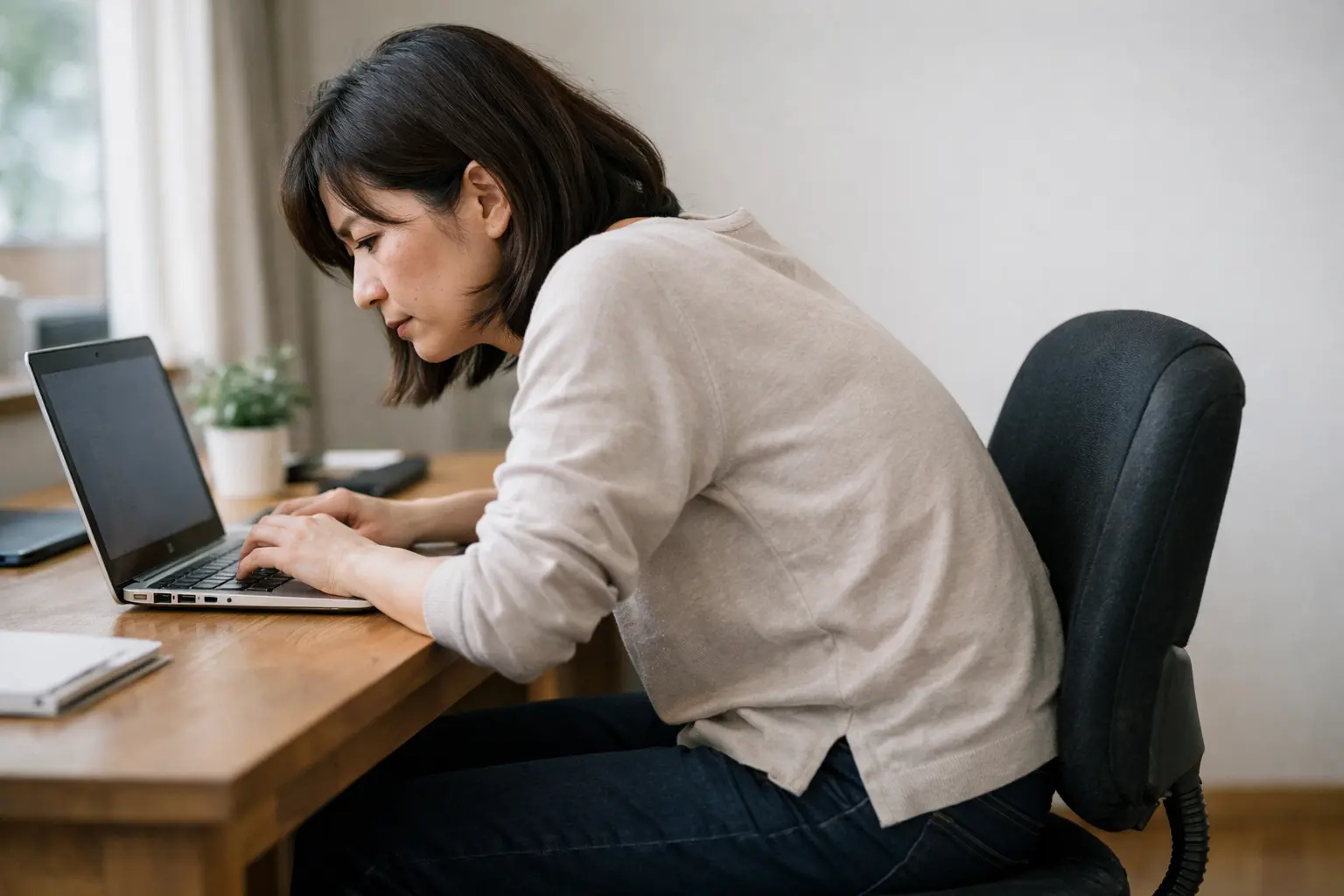 猫背でノートパソコンに向かう在宅勤務中の女性