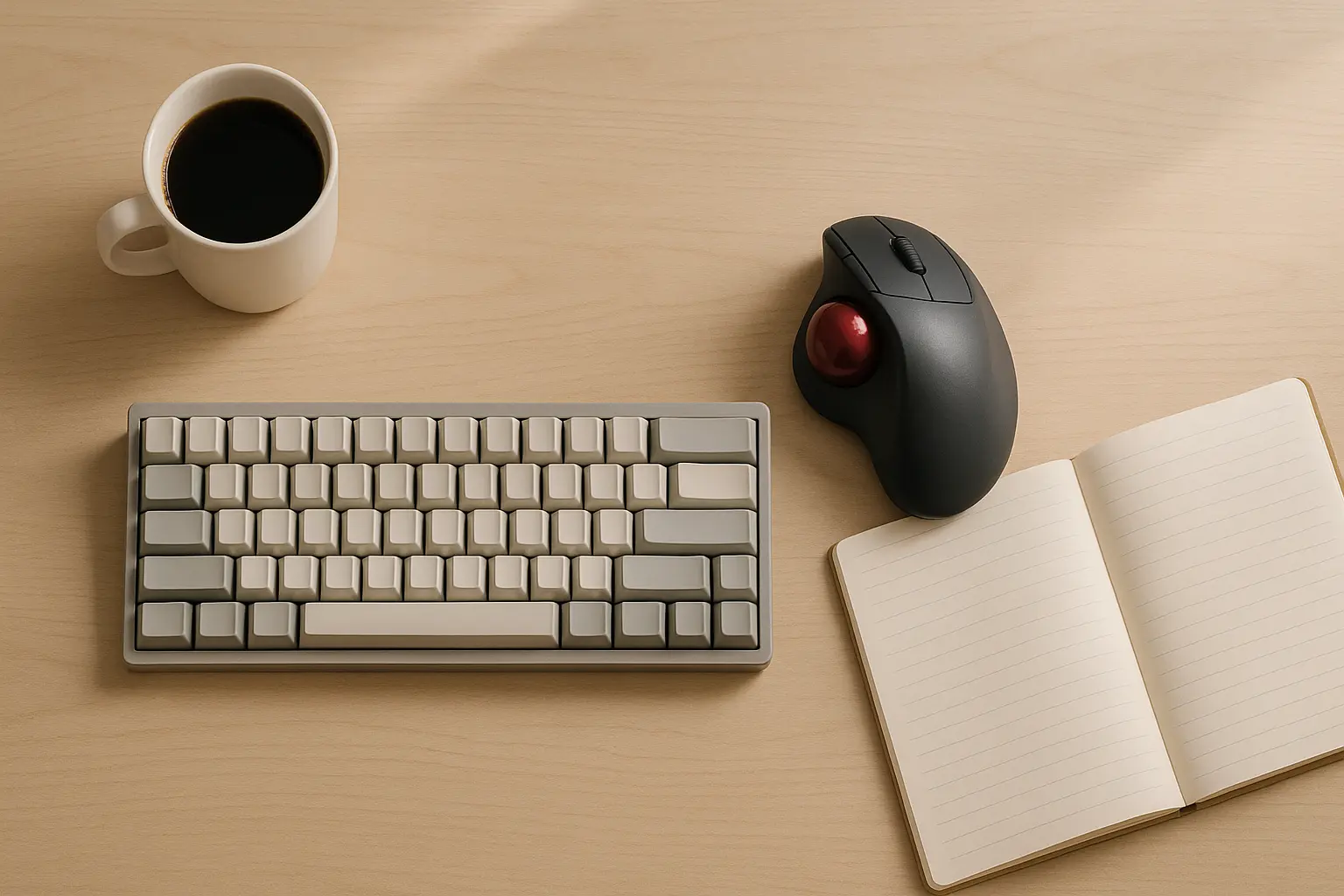 メカニカルキーボード、トラックボールマウス、ノートとコーヒーが並んだ自宅の作業デスク