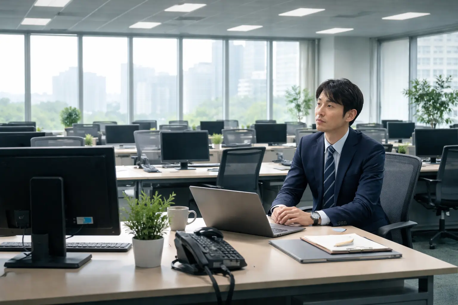 誰もいない日本のオフィスで、1人だけが椅子に座っている様子