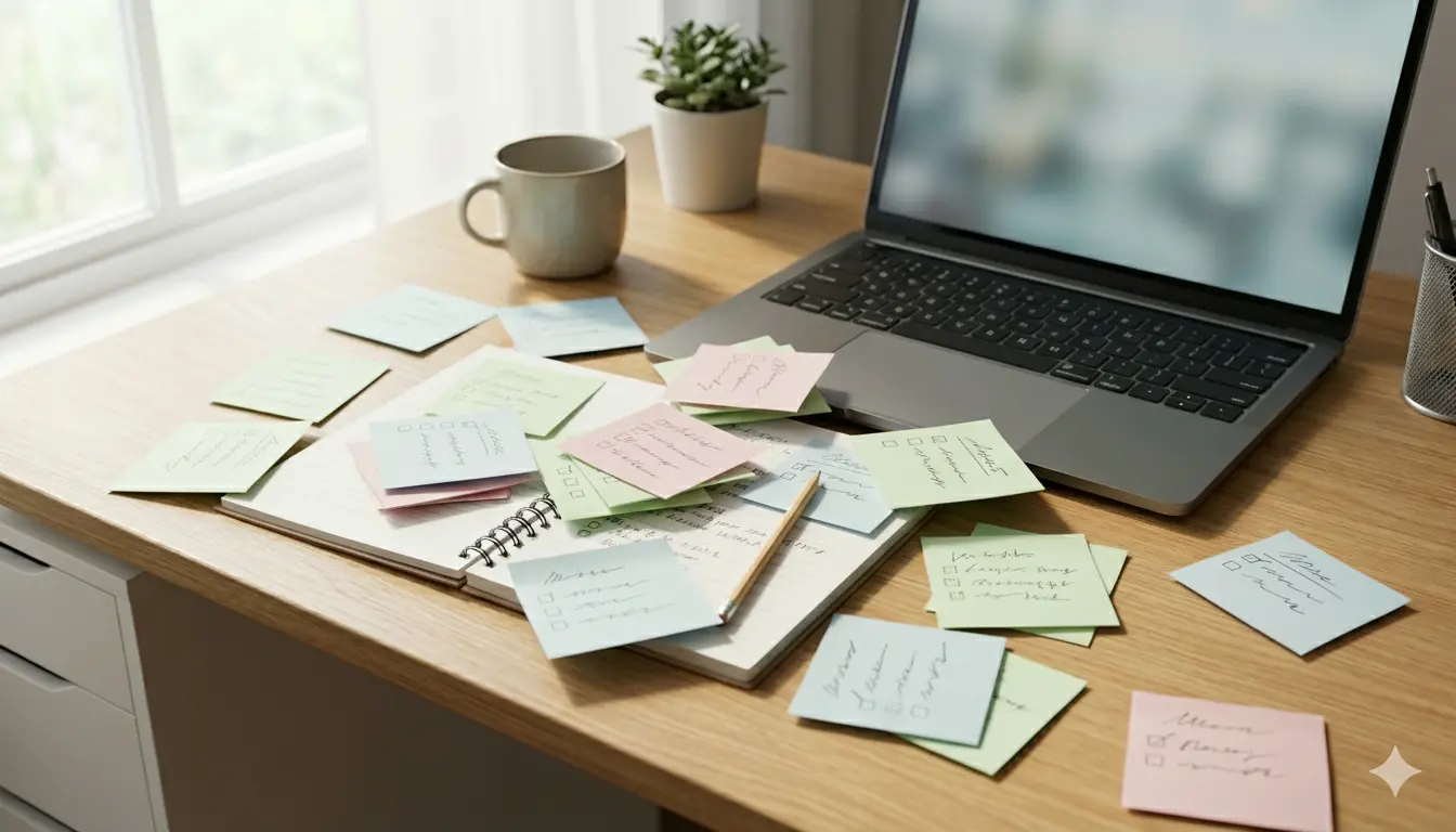 在宅ワークでタスクを整理しようとしているデスクの様子