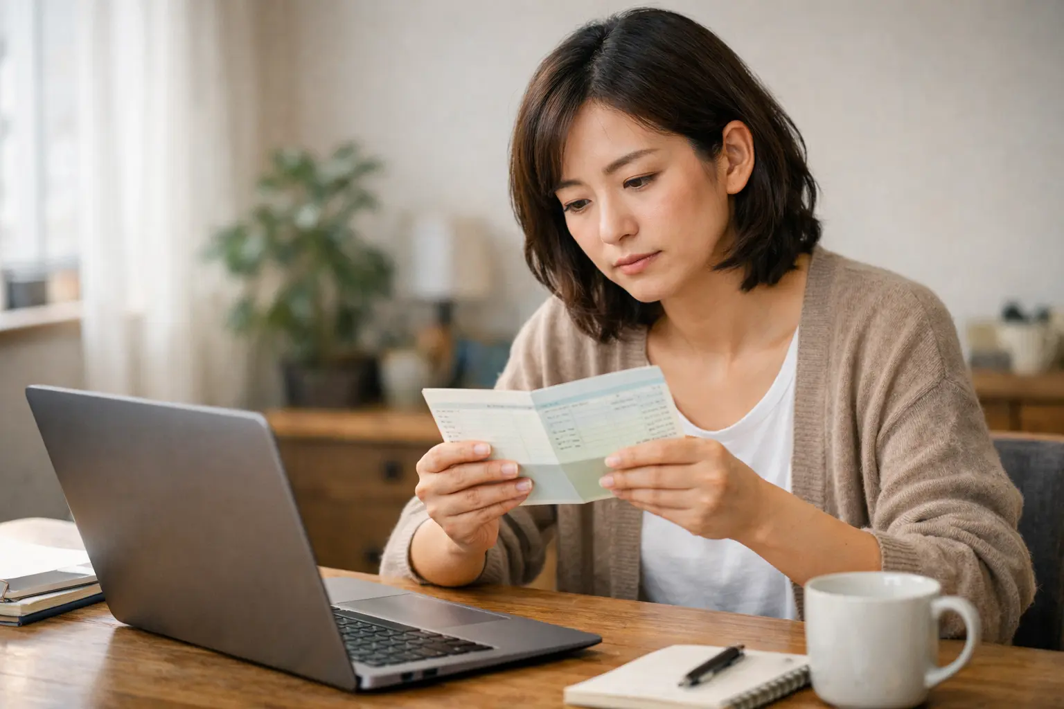 ノートPCの前で受領書を見つめ、考え込んでいる在宅ワーカーの女性