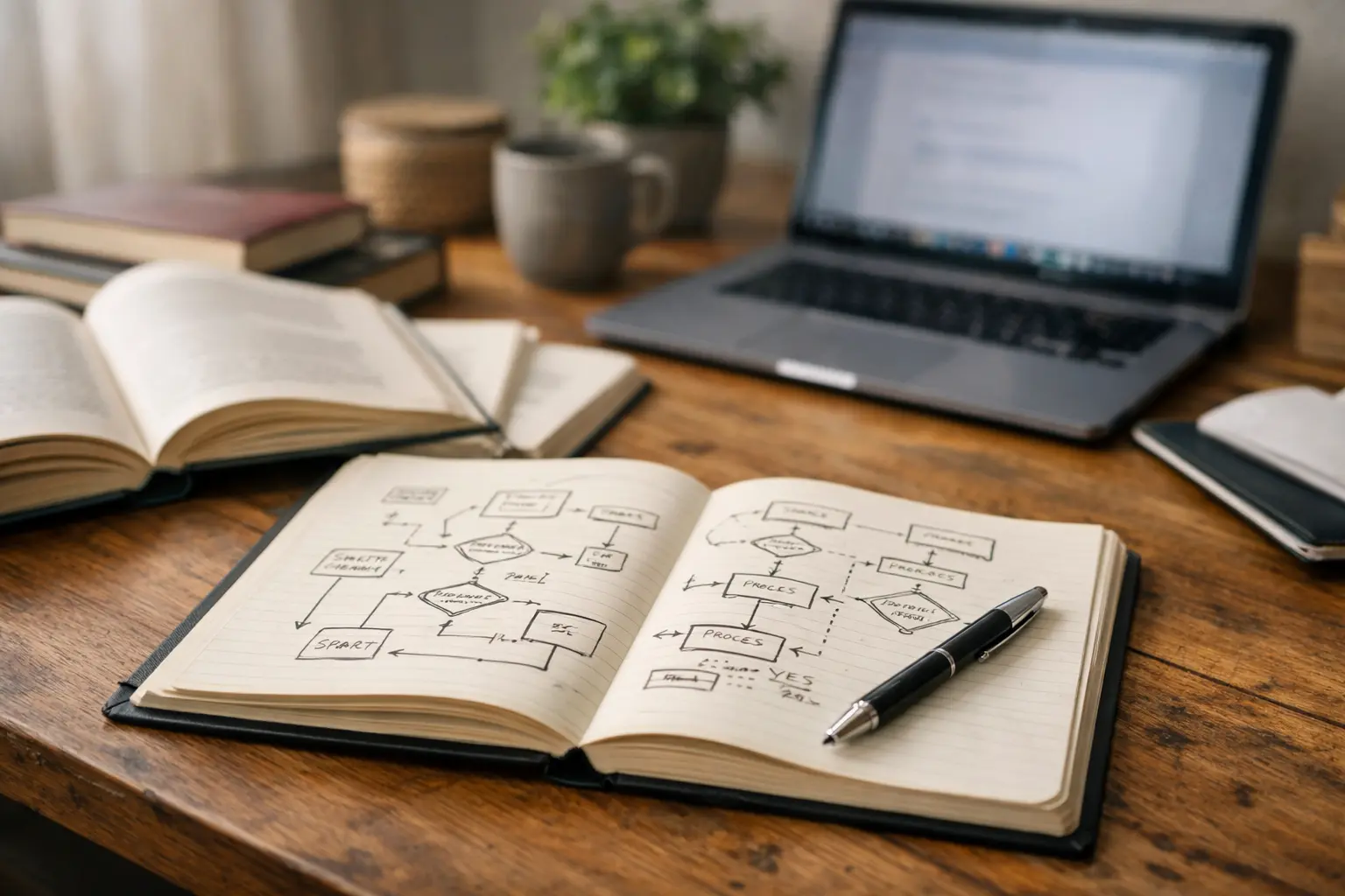 ノートに図を描きながら学びたいことを整理している自宅の作業机