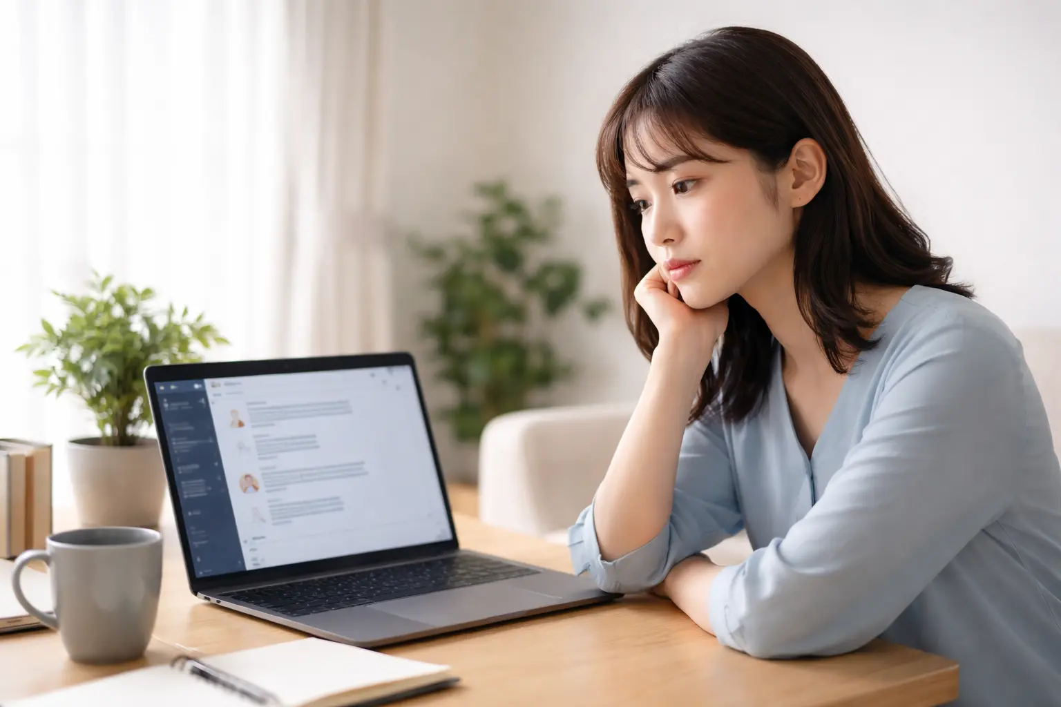 在宅ワークでコミュニケーションに悩み、チャット画面を見ながら考え込む様子